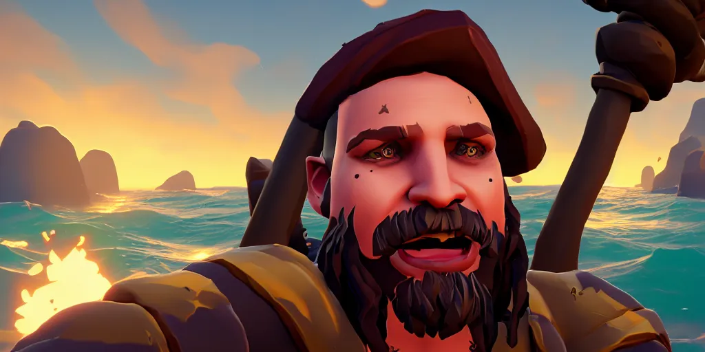 Image similar to selfie of a sea of thieves character, sea of thieves screenshot, storm, unreal engine, digital art