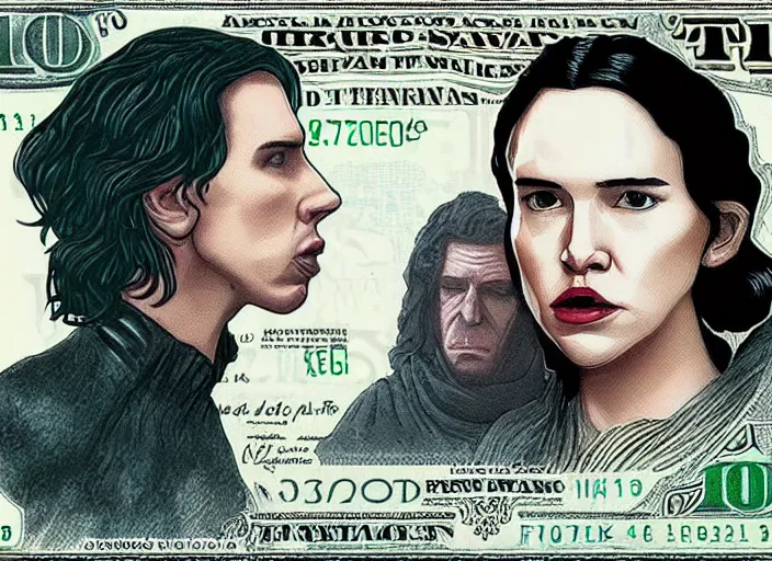 Prompt: reylo kissing, american dollar bill, rey and kylo ren