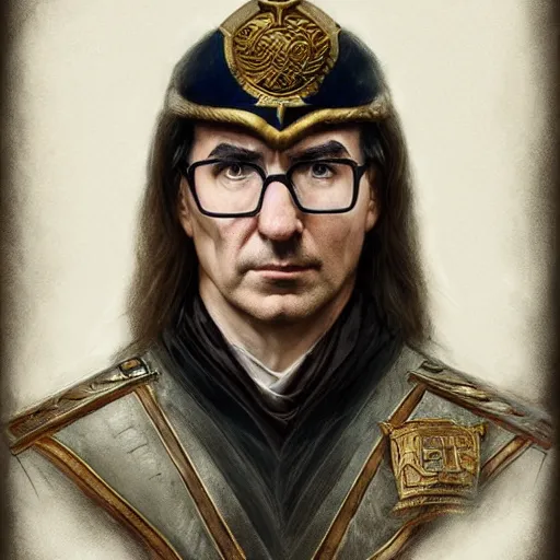 Image similar to portrait of stoic looking john oliver as vigo carpathian, military uniform, fantasy, intricate, elegant, highly detailed, centered, dark, smokey, charcoal painting, digital painting, artstation, concept art, smooth, sharp focus, illustration, art by artgerm and greg rutkowski and alphonse mucha