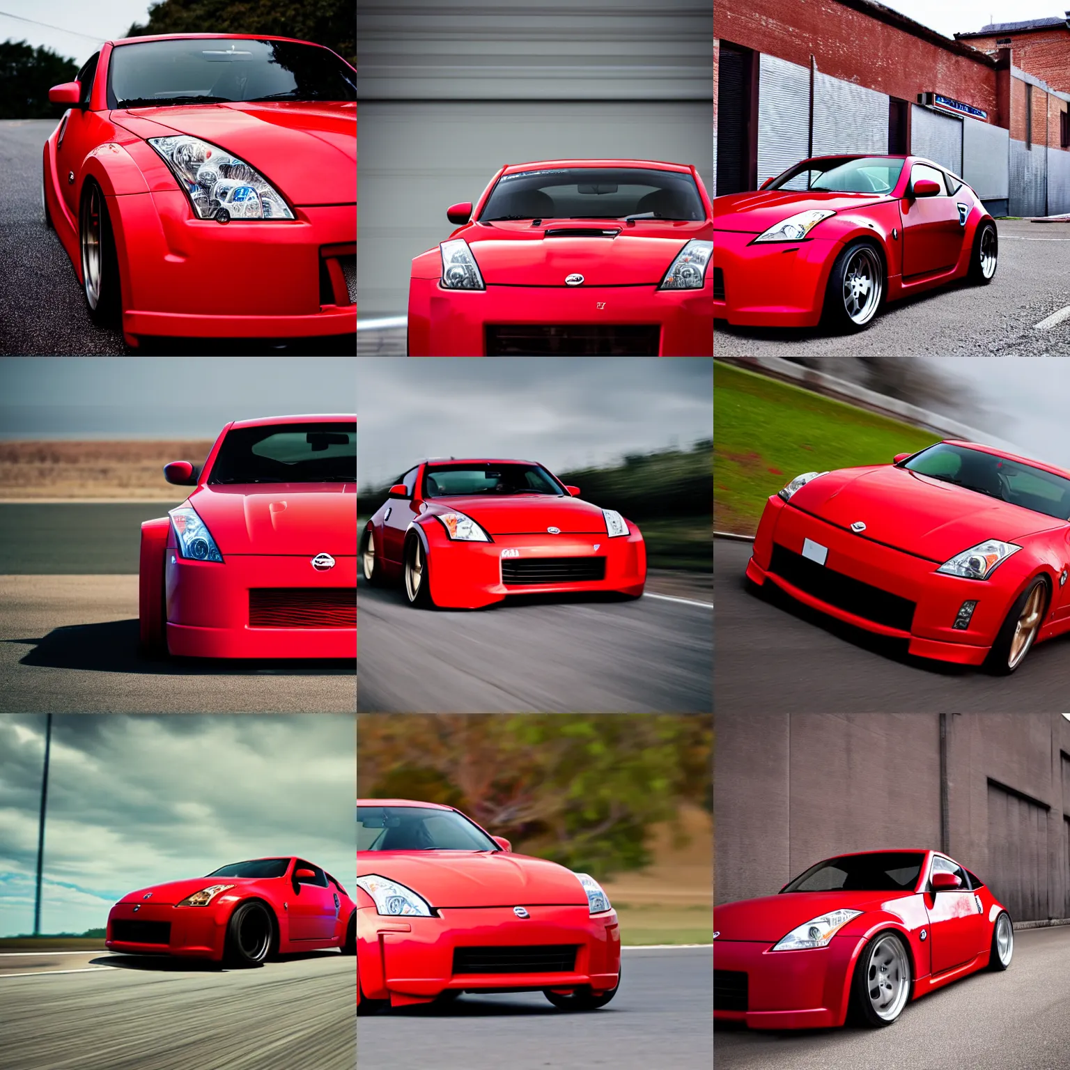 Prompt: front shot of a red drifting nissan 3 5 0 z with a carbon fibre hood, car photography, motion blur