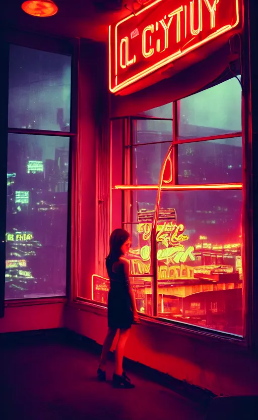 Image similar to vertical movie frame portrait of girl in 6 0's retro restaurant interior, neon - decorated urban on night in the city seen through the window, modern interior design, architectural design, vintage, night blade runner, dark, postapocalyptic, clean lines, 4 k, octane, asian futuristic city at distance, big windows, octane, wide angle