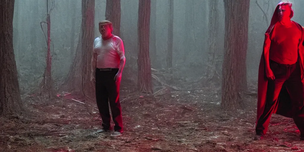 Prompt: movie still of donald trump in mandy ( 2 0 1 8 ) directed by panos cosmatos, film grain, night time, red glow