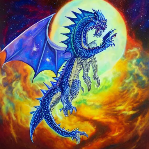 Prompt: prompt chrystalline blue dragon devouring a planet in space, sun system, nebula, oil painting