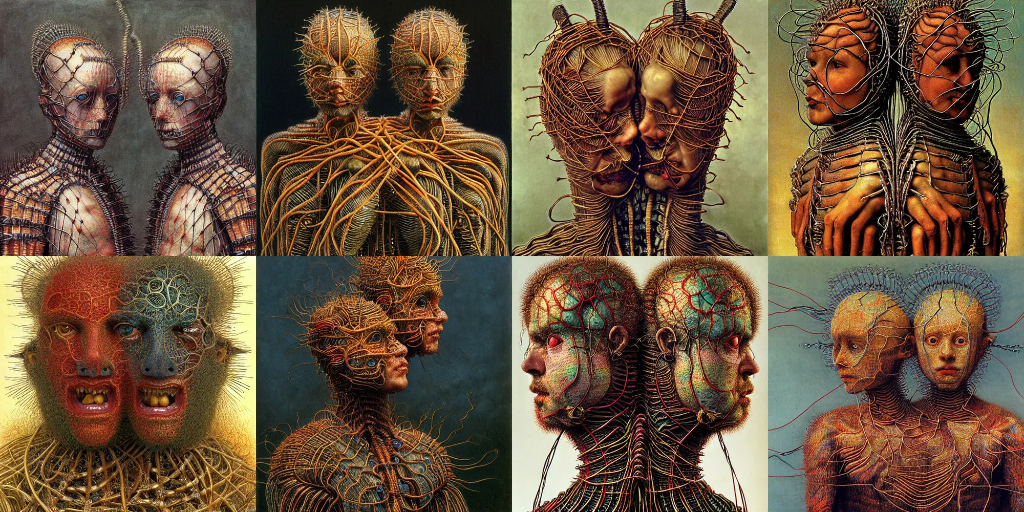 Prompt: fully featured siamese twins made of electrical wires, intricate armor made of fractals of colorful electrical wire, highly detailed, by giuseppe arcimboldo and ambrosius benson, renaissance, ( beksinski ), realistic, high definition