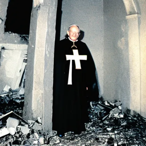 Image similar to award - winning photograph of john paul ii standing in the entrance to a small burning church building, at night, pitch black, christian cross