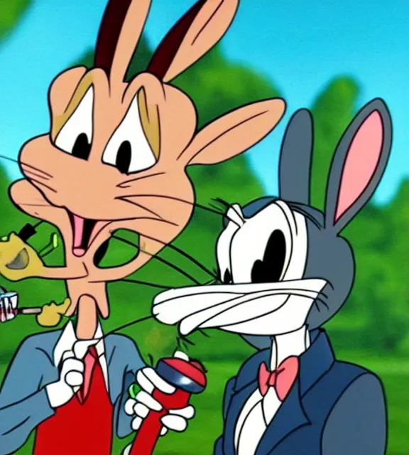 Image similar to red eyes bugs bunny smoking a bong, still from looney tunes