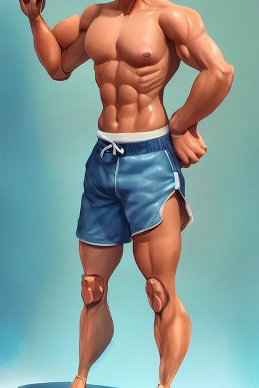 Image similar to a handsome man with blonde hair, ken doll, male android, muscular, wearing a cut-off white top and short light orange shorts, stands by a swimming pool, facing forward, in the style of artgerm and moebius and annie liebovitz, photorealistic, highly detailed, trending on artstation