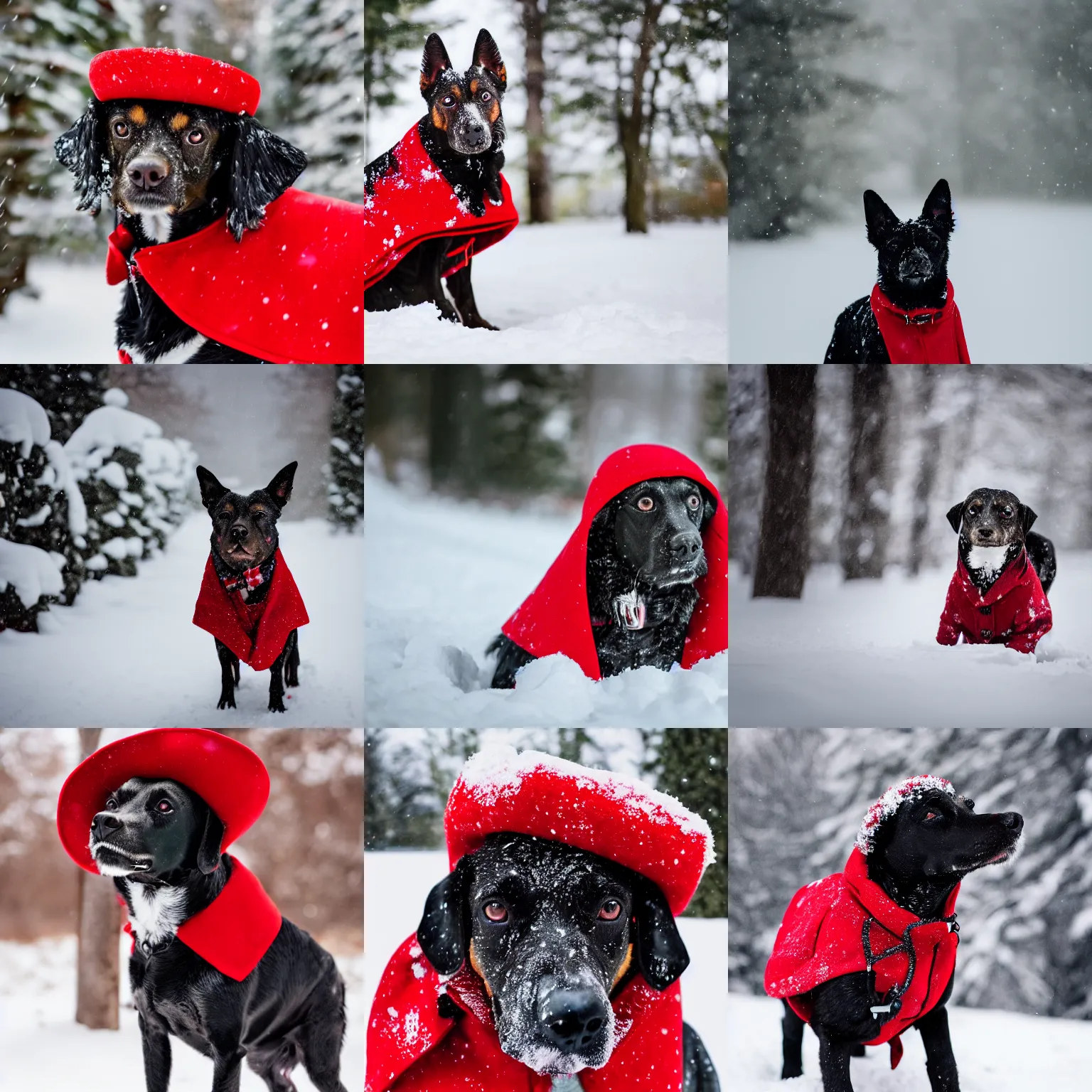 Prompt: a portrait of a yorkshire dog wearing a red coat and a black cowboy hat in the snow, Sigma 85mm f/1.4