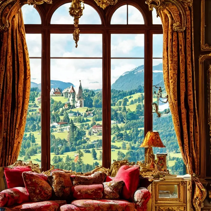 Image similar to photo of a fantastical baroque living room with switzerland landscape in the window in the style of maximalism