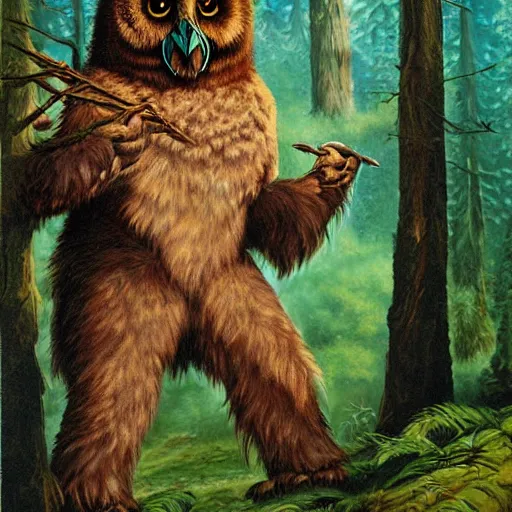 Prompt: three quarter portrait of an owlbear in the forest, d & d, fantasy, boris vallejo,