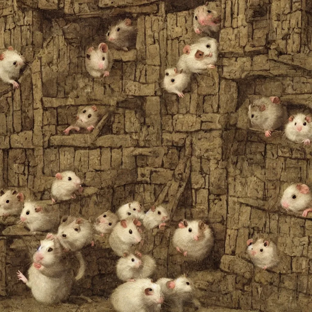 Image similar to hamster in a medieval stockade in the town square and a crowd of angry hamsters surrounding it, 1 2 th century europe theme