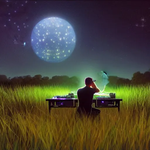 Prompt: A man djing in a grassy field at night under the stars, beautiful, digital art, artstation, hyperrealistic, 4k, unreal engine, octane render, trending on artstation, art by Artgerm and Greg Rutkowski and Alphonse Mucha