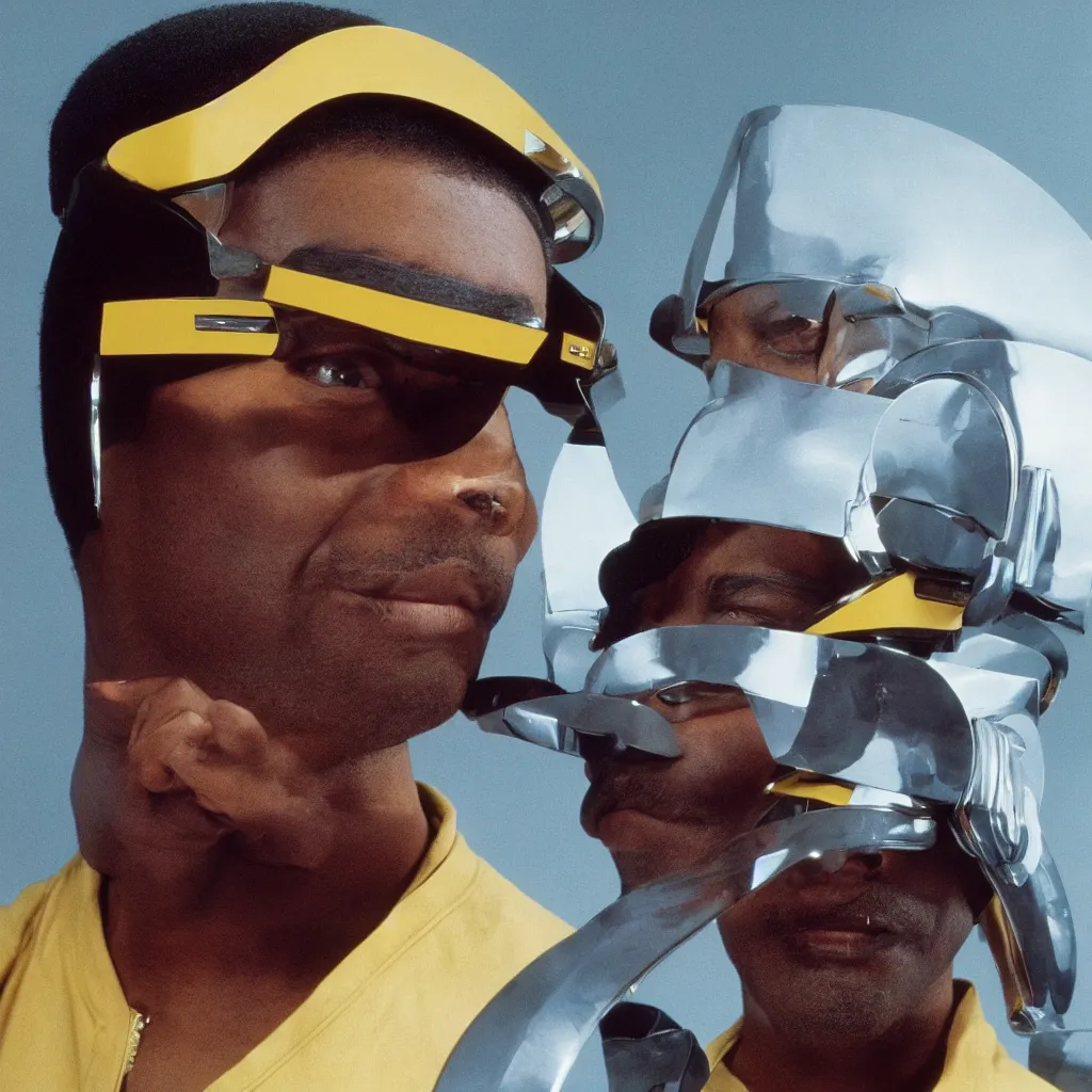 Prompt: geordi la forge on the starship enterprise wearing chrome googie visor and hardware tools on his head, mid - century modern, single image, photograph