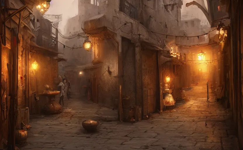 Prompt: cinematic medieval middle east alleyway, arabic, persian, dawn, market, little spice shops, bazaar, steam punk, unreal engine 5, trending on art station