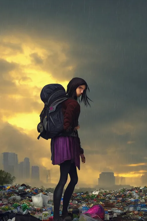 Image similar to beauty teenage girl in short with backpack looking at food at garbage dump, destroyed cars, city is pure wasteland, moody sunset background, rays of sunlights, ( ( ( rainy day, rainbow ) ) ), high details, sharp, photorealism, cinematic, greg rutkowski, alphonse mucha, trending on artstation, artgerm, unreal engine, highly detailed