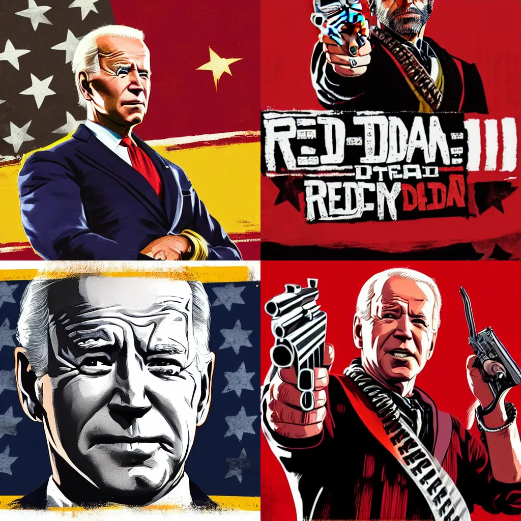 Prompt: Joe Biden in the style of the Red Dead Redemption 2 cover art