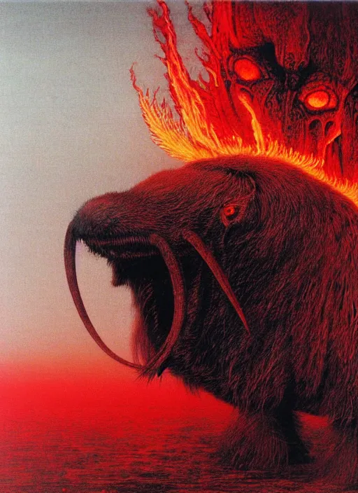 Prompt: a side view of spirit of chthonic demonic capybara with red eyes, on background red lake on fire, highly detailed, art by Ayami Kojima, Beksinski, Giger