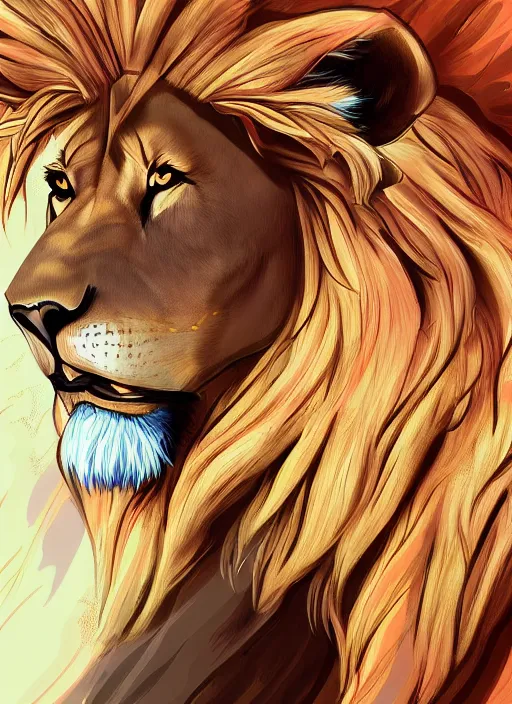 Prompt: digital painting of a lion wearing a loincloth, fursona, furry art, stylized, cel shaded, ultra detailed, anime key visual, wlop