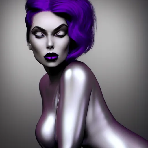 Image similar to portrait of a curvy feminine hot pale goth woman with elegant tight silver nylon latex and silk outfit, thin waist, black lipstick and purple makeup, photorealistic, sublime, 16k, smooth, sharp focus, cgsociety, ArtStation, volumetric lighting