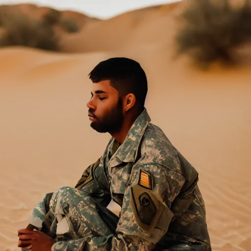 Prompt: portrait of a soldier sitting in the desert eating some crayons, beautiful composition, 5 0 mm f 1. 8, ambient light