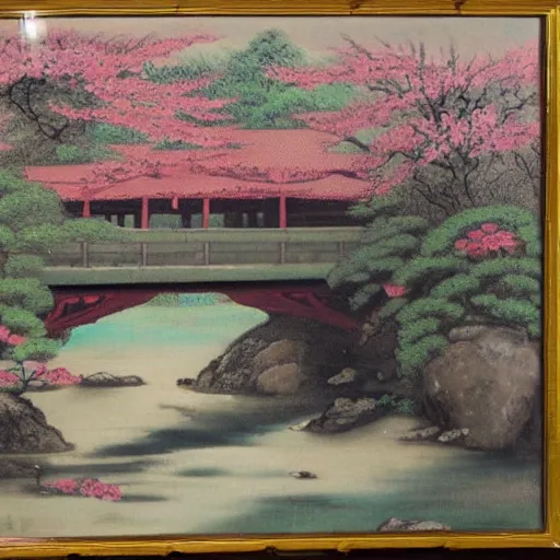 Prompt: painting of a Japanese pagoda and a bridge over a stream with cherry blossom all around, Oil on canvas 1924