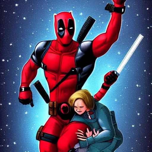 Prompt: illustration of deadpool riding on cat's back in space, trending on artstation