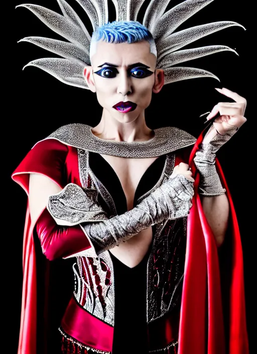 Prompt: surreal highly detailed photo portrait of a beautiful female magician, silver pixie cut with shaved sides hair, powerful radiant confident vibe, 150 mm lens, soft rim light, bold ornate crimson robes with silver trim, black flowing cape, arms crossed over chest, pronounced facial contouring, sly expression, bronze skin, dark studio background, Alexander McQueen, high fashion, haute couture, rococo, anatomical, elegant, hyper realistic, octane render, unreal engine 5, art by John Collier and Albert Aublet and Krenz Cushart and Artem Demura and Alphonse Mucha, volumetric lighting, 8k, vibrant high contrast coloring, Art Nouveau, masterpiece, intricate, ethereal