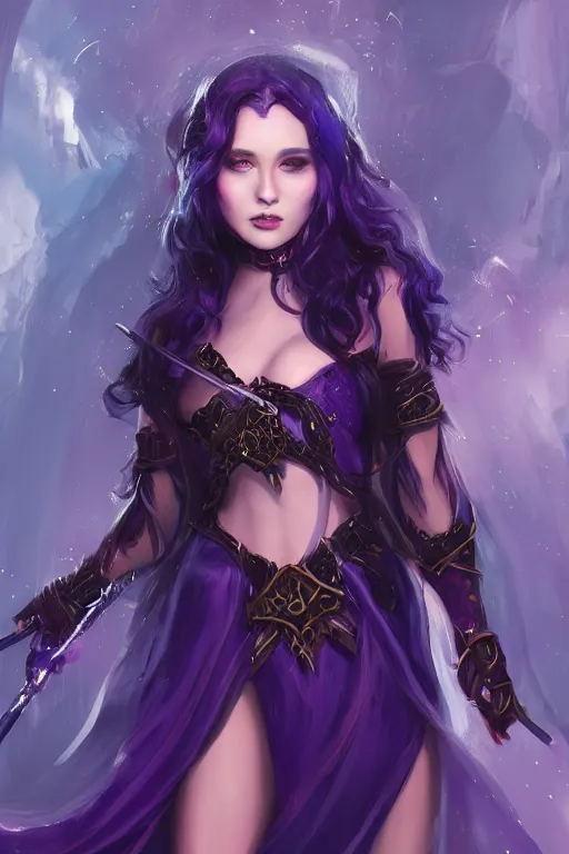 Image similar to Pretty Sorceress, wearing Black and purple robes, Dark blue hair, magic wooden staff, fully covered, Dark fantasy, romantic lead, trending by artstation, artstationhd, artstationhq, matte painting