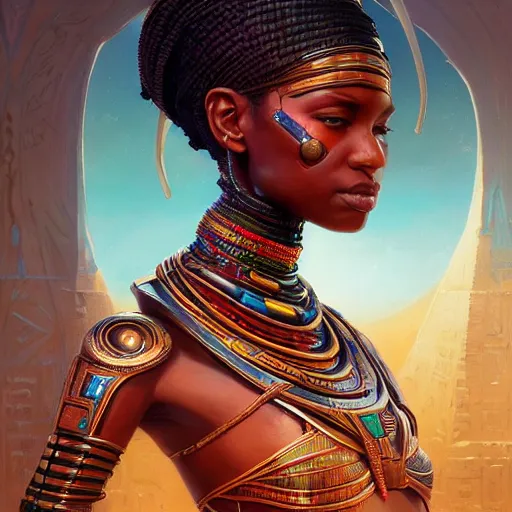 Prompt: highly detailed portrait of an african egyptian goddess, intricate alien technology, stephen bliss, unreal engine, fantasy art by greg rutkowski, loish, rhads, ferdinand knab, makoto shinkai and lois van baarle, ilya kuvshinov, rossdraws, tom bagshaw, global illumination, radiant light, detailed and intricate environment