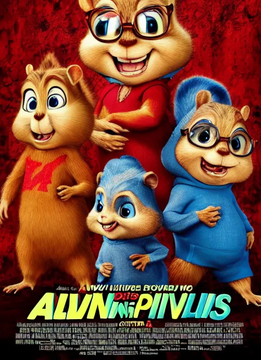 Prompt: alvin and the chipmunks horror movie poster