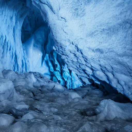 Image similar to deep dark glacier cave, faint blue glow,