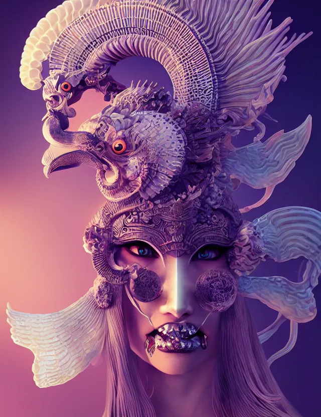 Image similar to 3 d goddess close - up frontal portrait with ram skull. beautiful intricately detailed japanese crow kitsune mask and clasical japanese kimono. betta fish, jellyfish phoenix, bio luminescent, plasma, ice, water, wind, creature, artwork by tooth wu and wlop and beeple and greg rutkowski