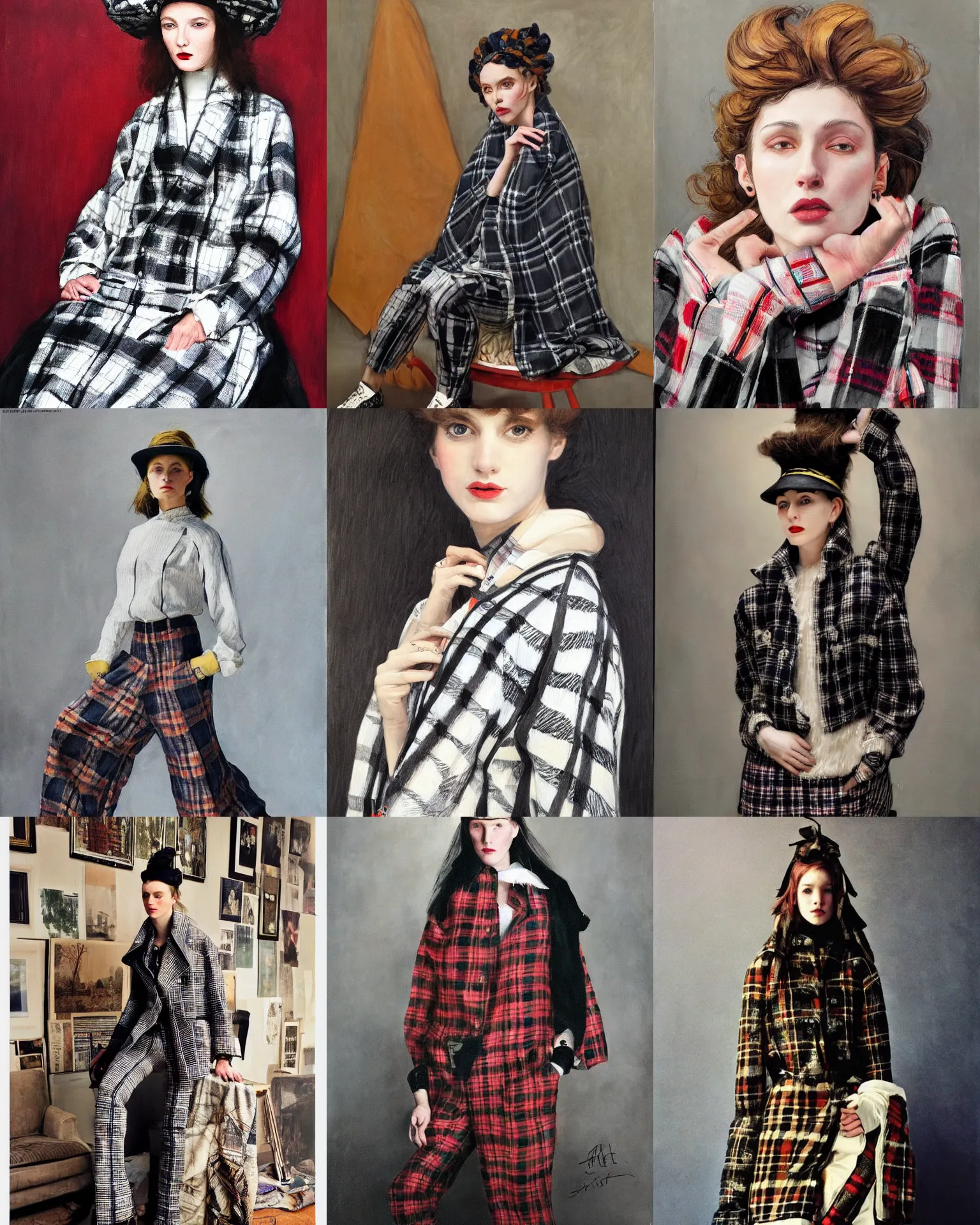 Prompt: highly - detailed, 2 0 2 0 s flannel & plaid modern streetwear, full - length portrait painting. james tissot, vogue magazine, zinaida serebriakova, edward hopper, annie leibovitz. a modern!!!!! 2 0 1 0 s vogue fashion photography portrait, studio photography portrait, background, fully - clothed!!!.