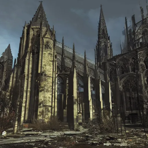 Image similar to Aachen Cathedral in ruins post-nuclear war in Fallout 4, in game screenshot