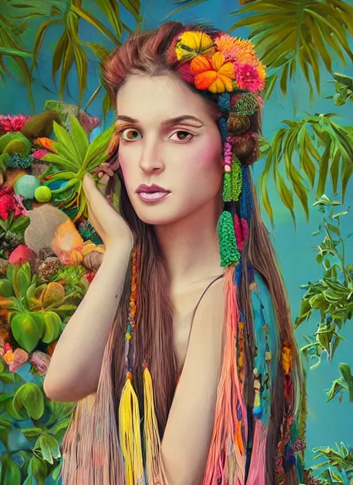 Image similar to beautiful fashion portrait of a mediterranean female wearing fantastic Hand-dyed cotton dress, embellished beaded feather decorative fringe knots ,colorful pigtail,subtropical flowers and plants,symmetrical face,intricate,elegant, highly detailed, 8k,post-processing,digital painting, trending on pinterest, arper's bazaar,concept art, sharp focus, illustration, by artgerm,Tom Bagshaw,Daniel Gerhartz,Albert Aublet,Lawrence Alma-Tadema