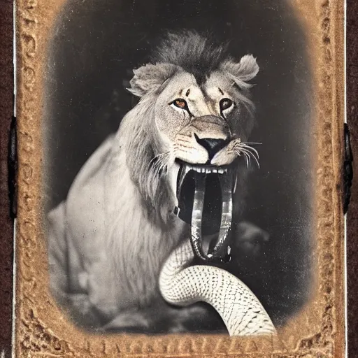 Image similar to tintype photo of a lion with a snake in his mouth