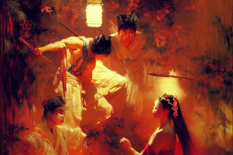 Image similar to wuxia, summer, attractive male, neon light, painting by gaston bussiere, craig mullins, j. c. leyendecker