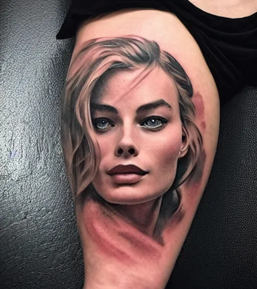 Image similar to tattoo sketch of margot robbie mash up with amazing mountain scenery and nature, double exposure effect, in the style of arlo dicristina, hyper realism, amazing detail, sharp