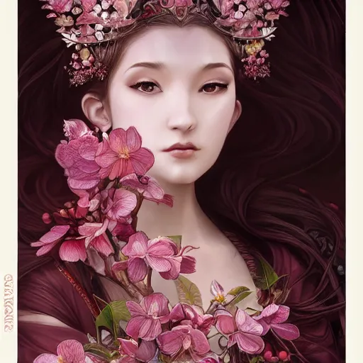 Prompt: a photograpic portrait of a anthropomorphic cherry - blossom queen spirit, fantasy, intricate, elegant, highly detailed, digital painting, artstation, concept art, smooth, sharp focus, illustration, art by artgerm and h r giger and alphonse mucha