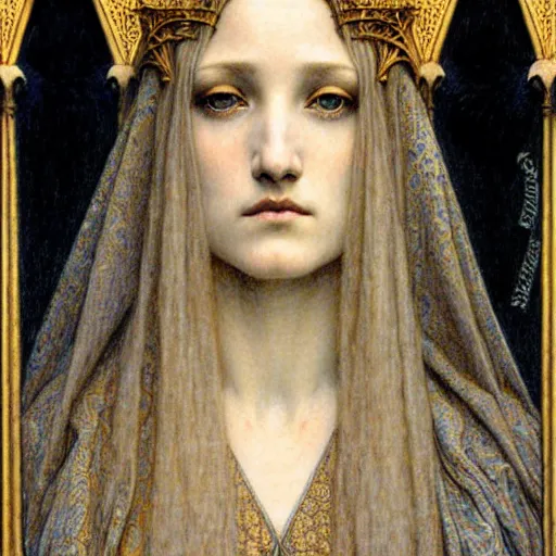 Image similar to detailed realistic beautiful young medieval queen face portrait by jean delville, gustave dore and marco mazzoni, art nouveau, symbolist, visionary, gothic, pre - raphaelite. horizontal symmetry