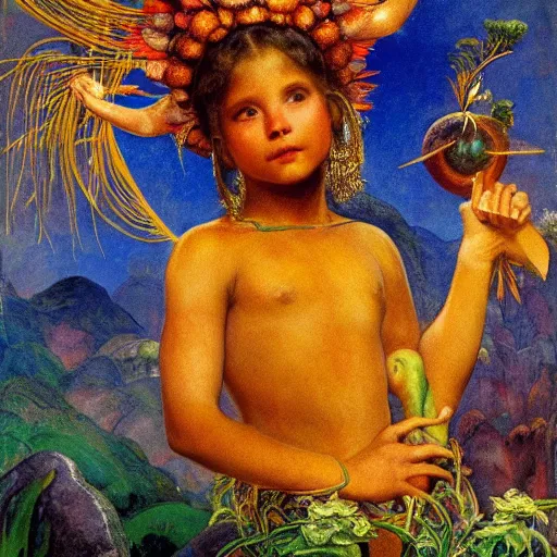 Prompt: child of the lost city of the sun, by Annie Swynnerton and Diego Rivera and Tino Rodriguez and Maxfield Parrish, elaborate headdress, iridescent beetles, rich color, dramatic cinematic lighting, extremely detailed