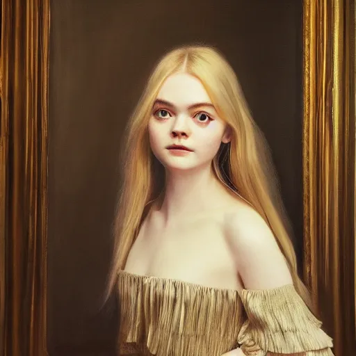 Prompt: portrait of a elle fanning in a hall of mirrors, detailed realism face in painting, detailed beautiful portrait, oil painting masterpiece, 8 k resolution, smooth, sharp focus, trending on artstation, by rembrandt