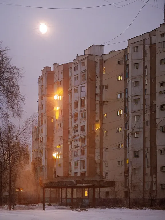 Image similar to film still of low russian residential building in suburbs, lights are on in the windows, deep night, post - soviet courtyard, cozy atmosphere, light fog, street lamps with orange light, several birches nearby, several elderly people stand at the entrance to the building