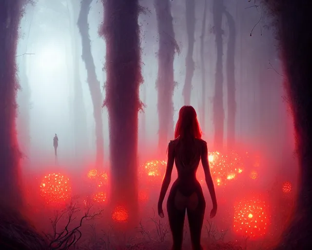 Prompt: portrait of a beautiful fairy woman standing in strange alien forest, glowing fungus, misty, red glowing horizon, fireflies, ultra high definition, ultra detailed, symmetry, sci - fi, dark fantasy, by greg rutkowski and ross tran