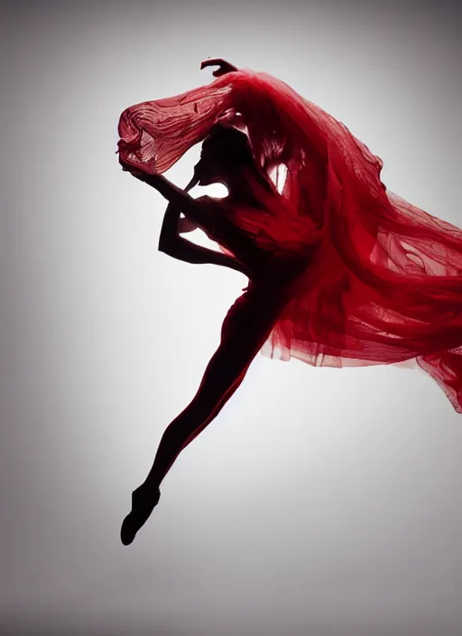 Image similar to a Photorealistic dramatic hyperrealistic render of a glamorous beautiful Female smoke dancer wearing red by Ken Brower and Deborah Ory of NYC Dance project,Lois Greenfield,Flowing cloth and smoke,Beautiful dynamic dramatic dark moody lighting,volumetric,shadows,cinematic atmosphere,Octane render,8K