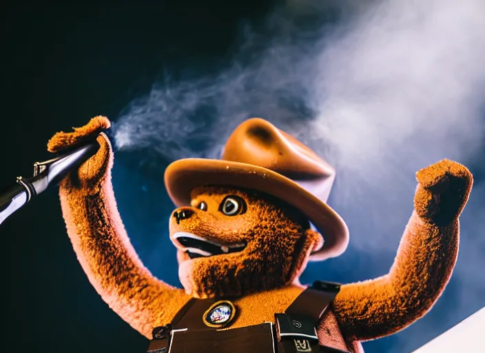 Image similar to photo still of smokey the bear on stage at vans warped tour!!!!!!!! at age 3 3 years old 3 3 years of age!!!!!!!! putting out a fire, 8 k, 8 5 mm f 1. 8, studio lighting, rim light, right side key light