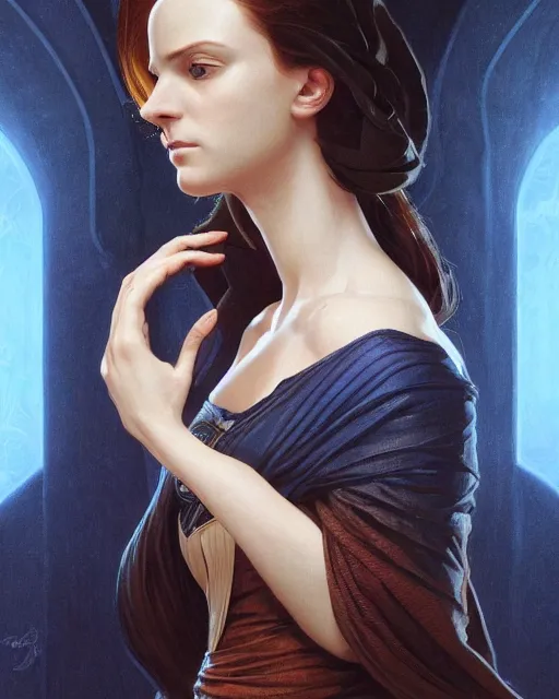 Image similar to portrait of saint alia atreides of the knife, her eyes are dark blue, blue eyes of the ibad, dune, science fiction, frank herbert, intricate, elegant, highly detailed, digital painting, artstation, concept art, sharp focus, illustration, art by artgerm and greg rutkowski and alphonse mucha