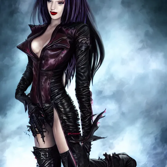 Prompt: A female vampire with generous cleavage in a leather pants, with a black leather jacket, big fangs dropping blood, devil wings , D&D , fantasy , highly detailed, digital art, artstation, smooth, sharp focus, fantasy illustration, art by Peter Tang and artgem and Alina Ivanchenko and Hirokazu Yokohara and Kago Shintaro