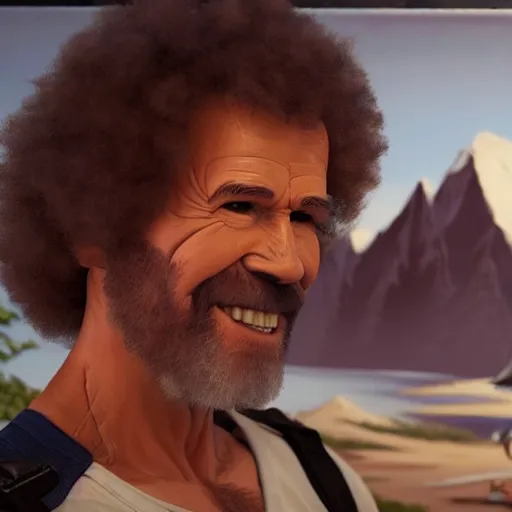 Image similar to a closeup photorealistic photograph of bob ross working on a canvas painting of deadpool. film still. brightly lit scene. mountains and trees. this 4 k hd image is trending on artstation, featured on behance, well - rendered, extra crisp, features intricate detail, epic composition and the style of unreal engine.