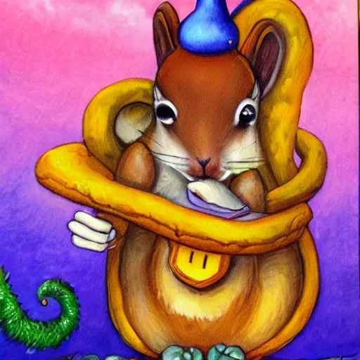 Prompt: a painting of a a whimsical squirrel mage by phil and kaja foglio